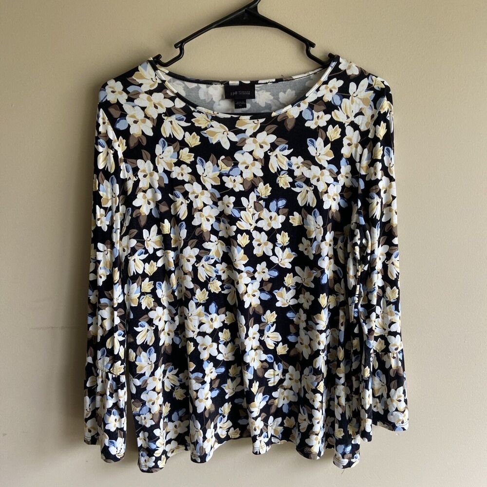 J Jill Wearever Collection Womens Top Sz XS Black Yellow Floral Bell Sleeves